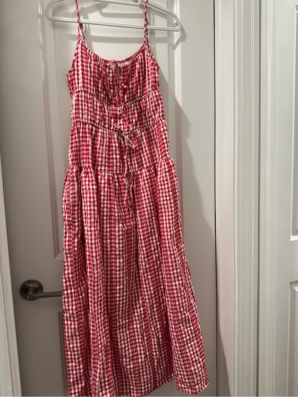 Red Gingham Tiered Spaghetti-Strap  Dress